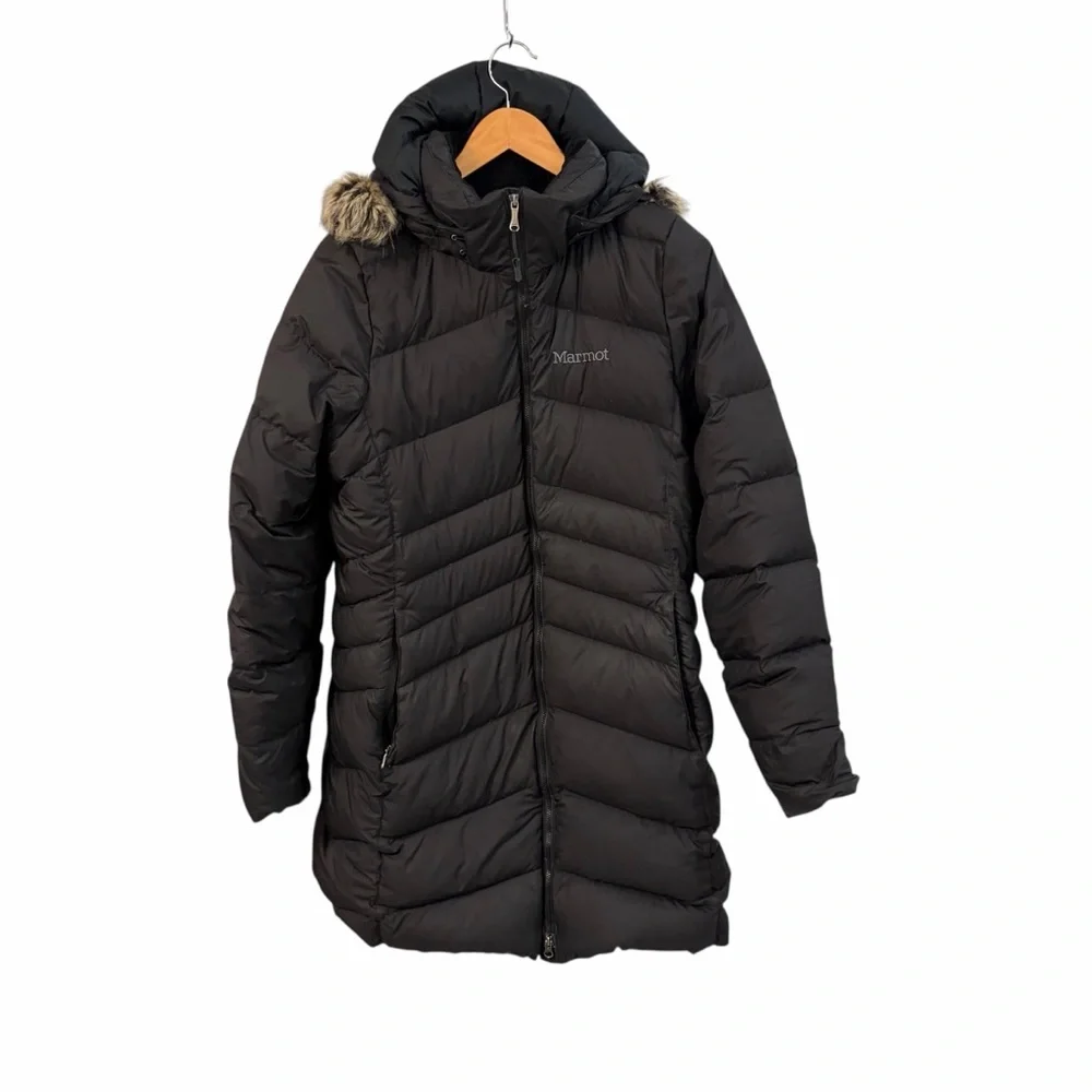 MARMOT MONTREAL BLACK LONG PUFFER COAT FAUX FUR HOOD SIZE LARGE